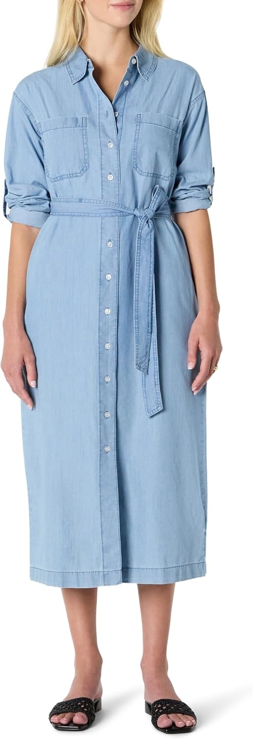 image:imageAmazon Essentials Womens RegularFit Denim Chambray LongSleeve DressIced Blue Light Wash