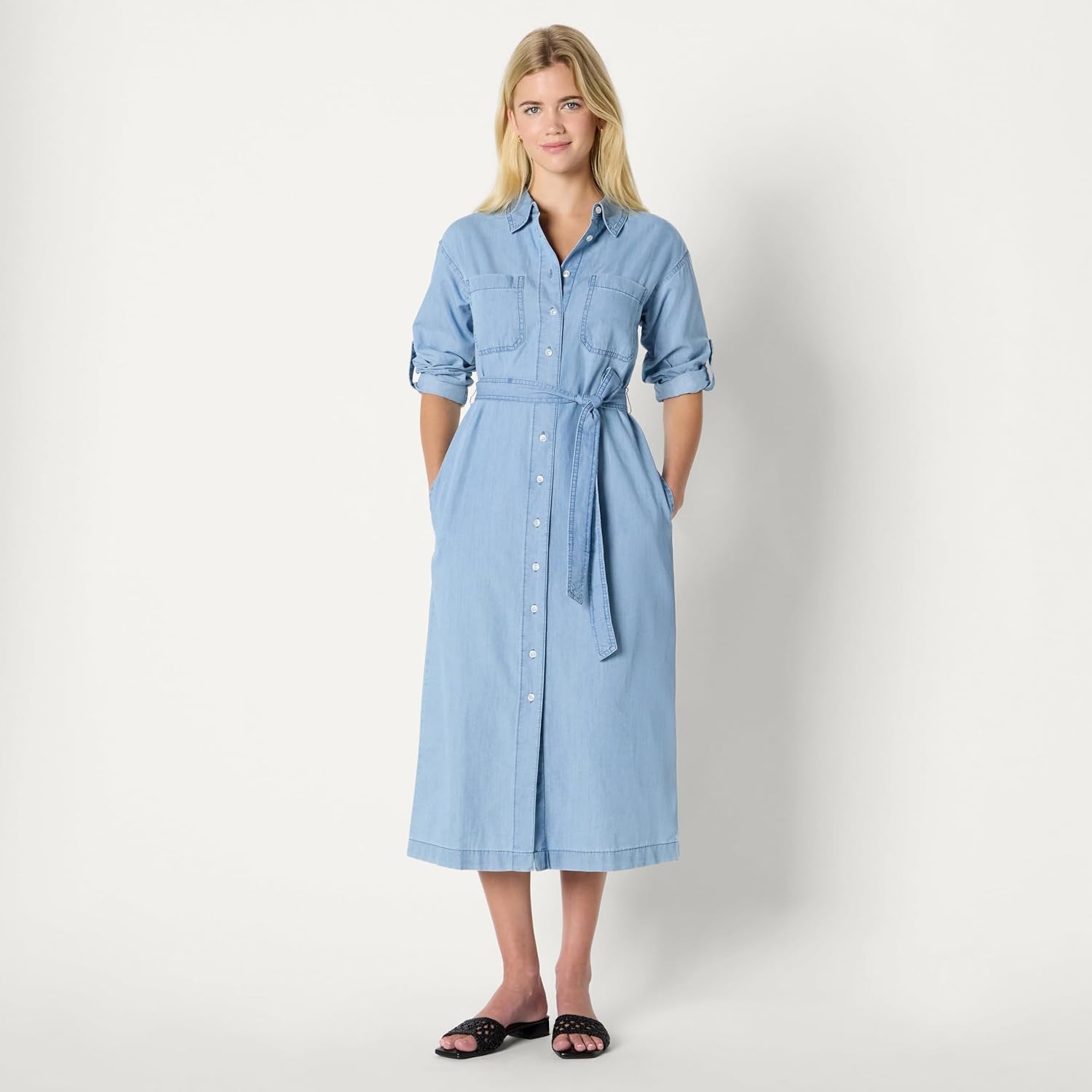 image:imageAmazon Essentials Womens RegularFit Denim Chambray LongSleeve DressIced Blue Light Wash