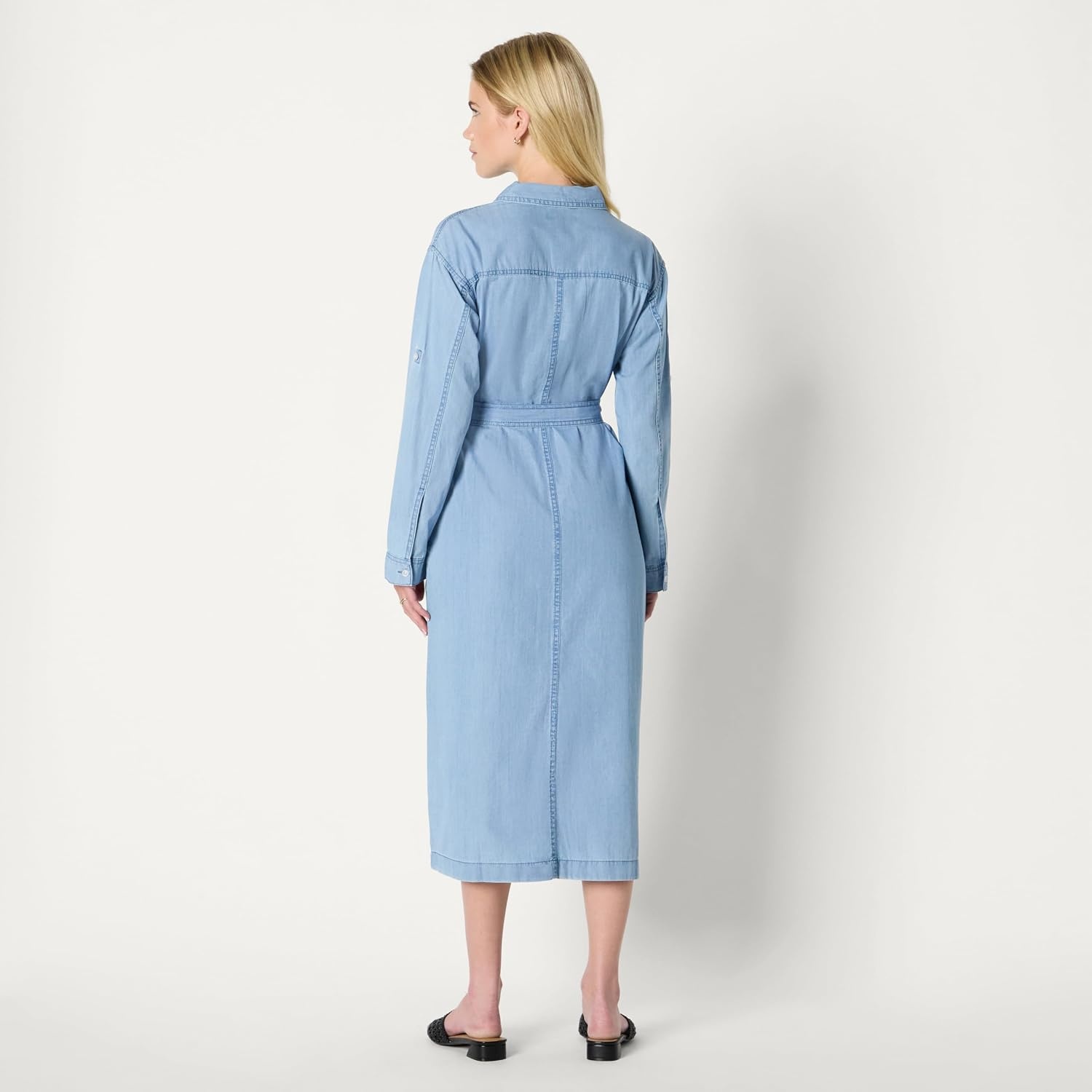 image:imageAmazon Essentials Womens RegularFit Denim Chambray LongSleeve DressIced Blue Light Wash