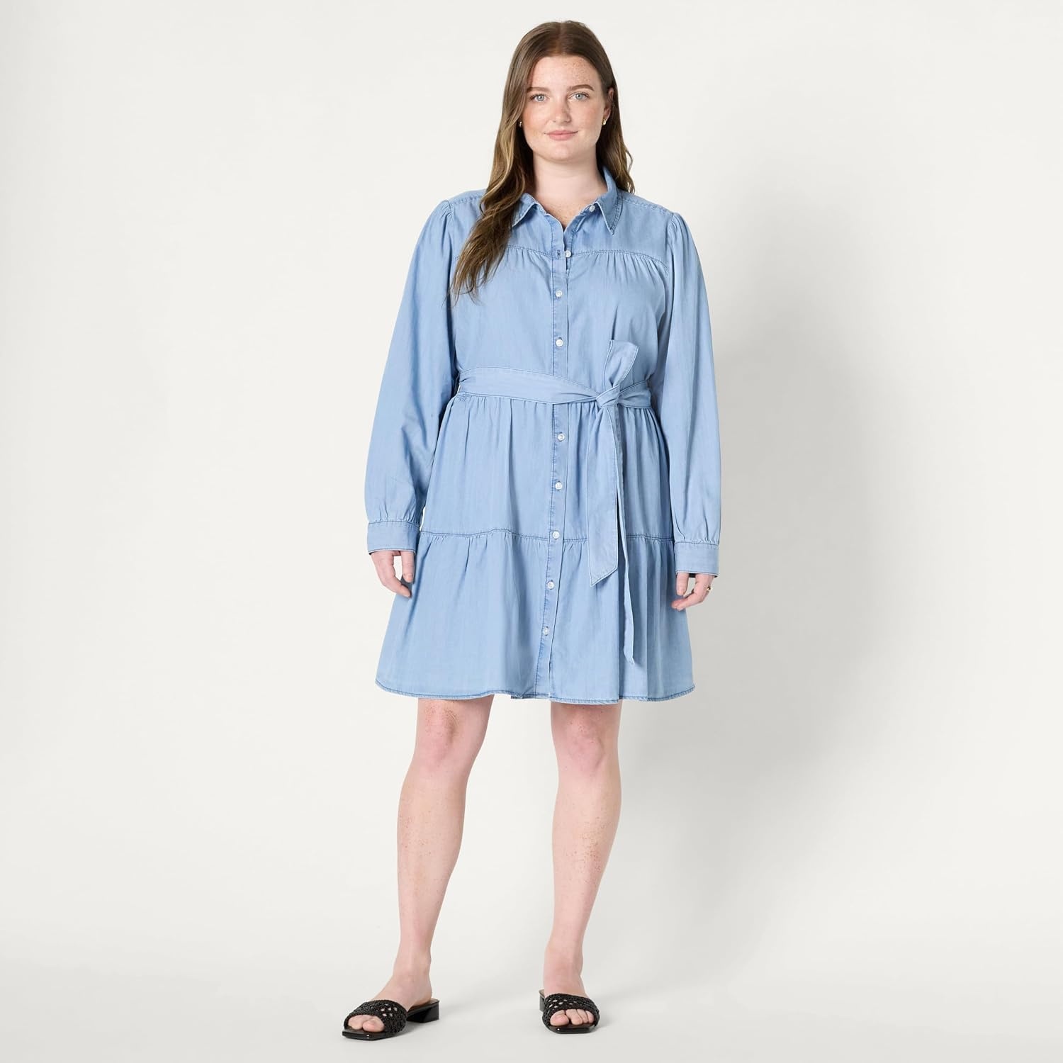 image:imageAmazon Essentials Womens RegularFit Denim Chambray LongSleeve DressIced Blue Light Wash