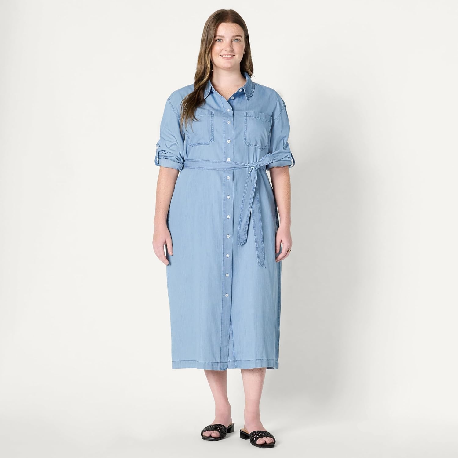 image:imageAmazon Essentials Womens RegularFit Denim Chambray LongSleeve DressIced Blue Light Wash
