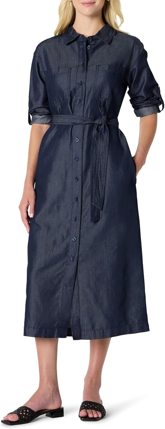 image:imageAmazon Essentials Womens RegularFit Denim Chambray LongSleeve DressRinse