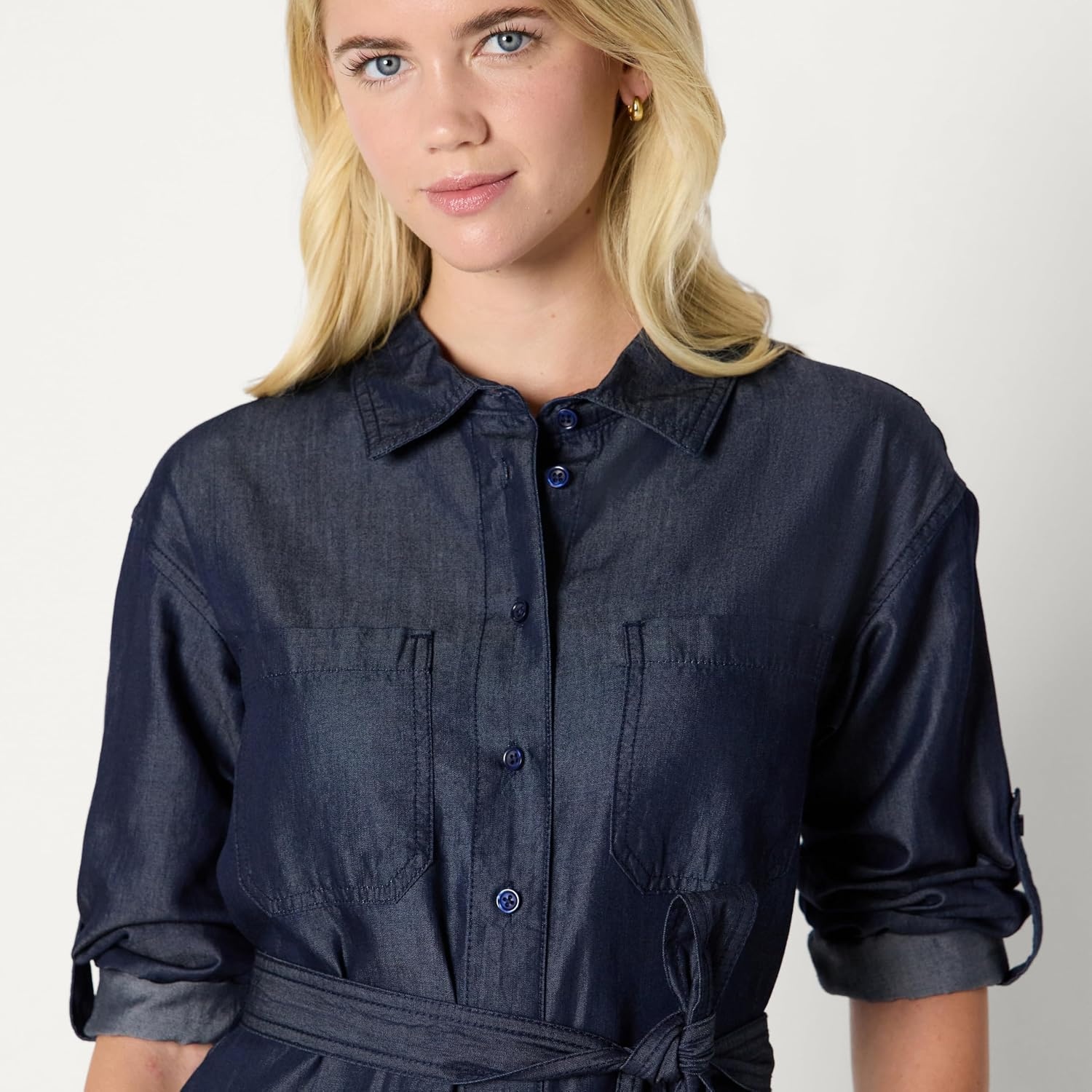 image:imageAmazon Essentials Womens RegularFit Denim Chambray LongSleeve DressRinse