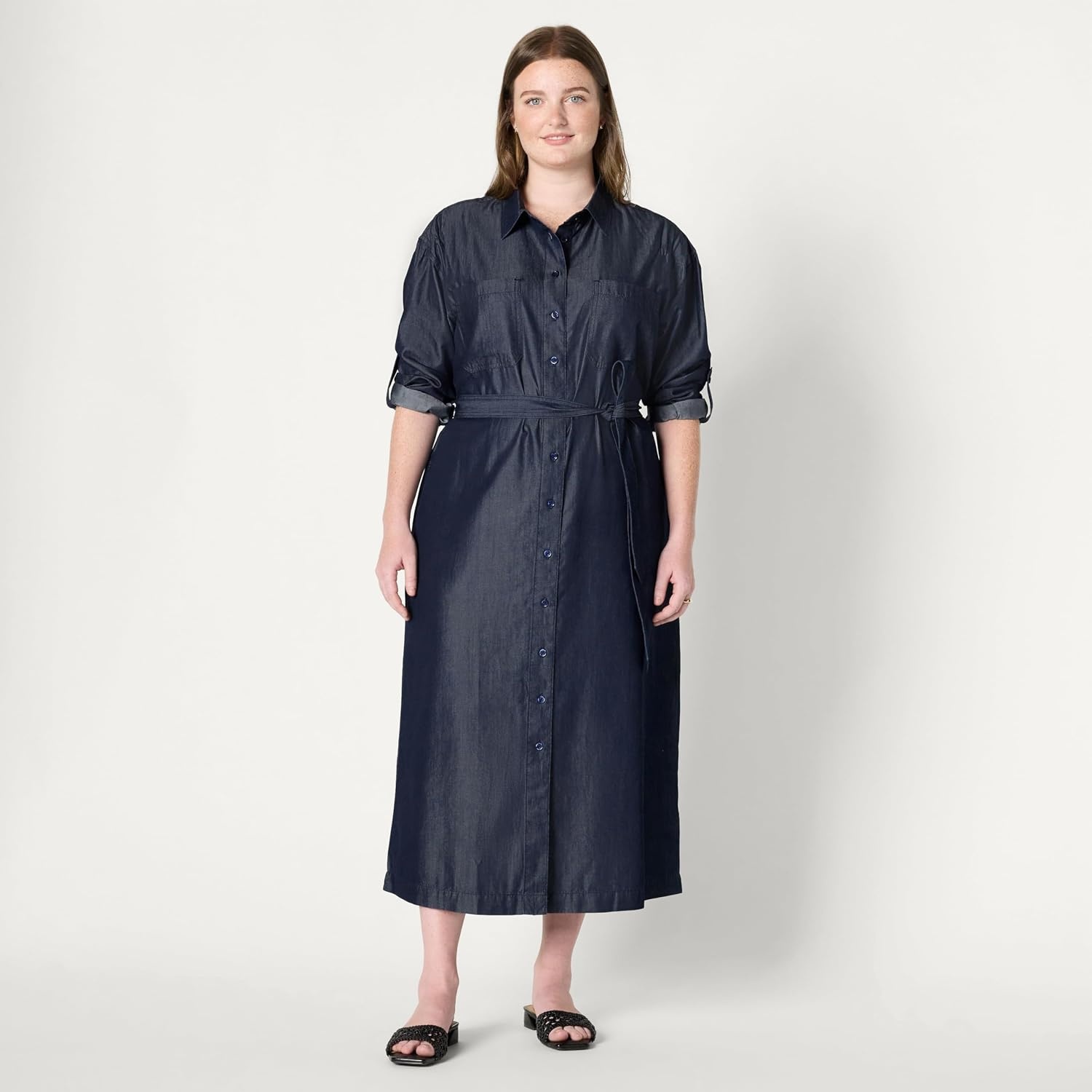 image:imageAmazon Essentials Womens RegularFit Denim Chambray LongSleeve DressRinse