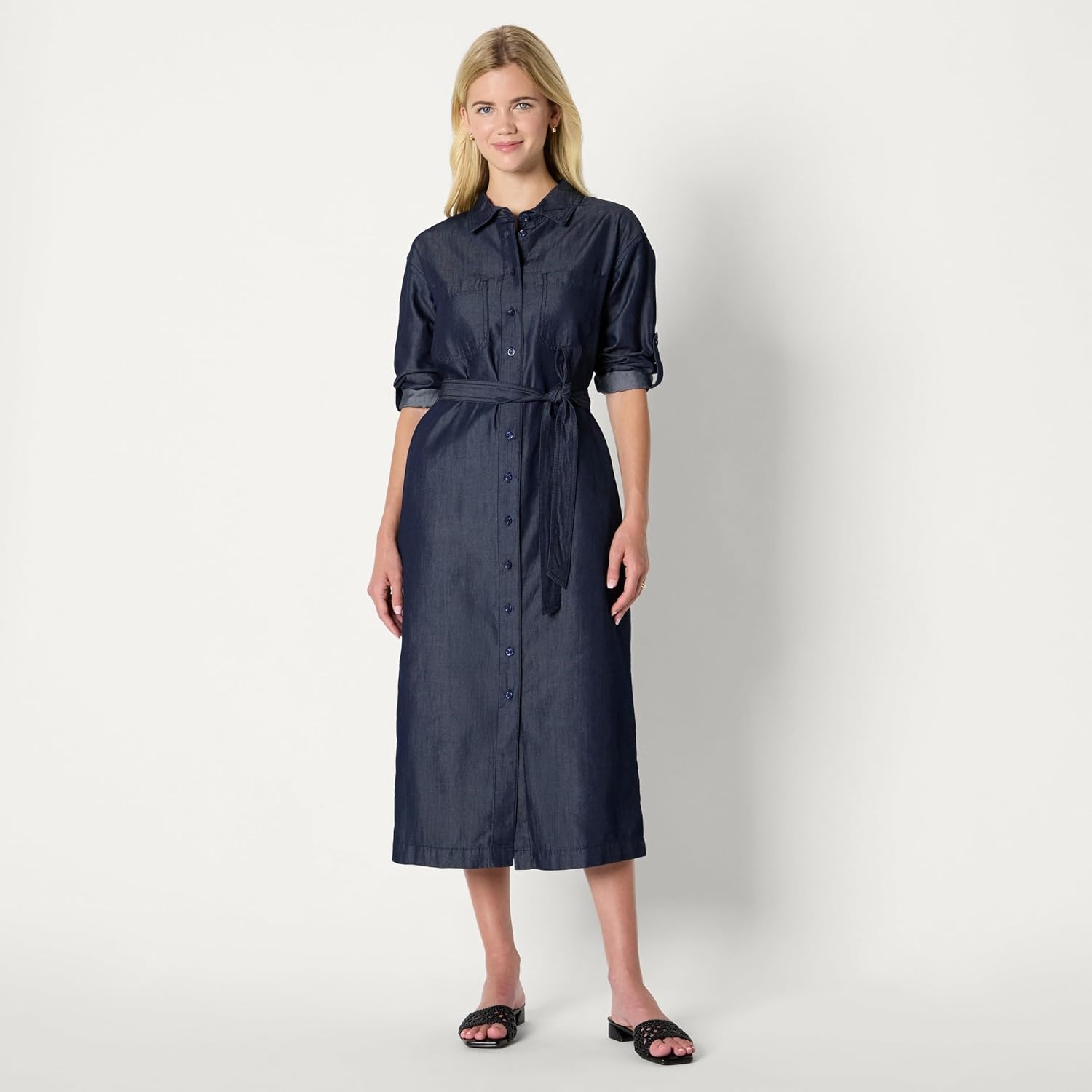image:imageAmazon Essentials Womens RegularFit Denim Chambray LongSleeve DressRinse