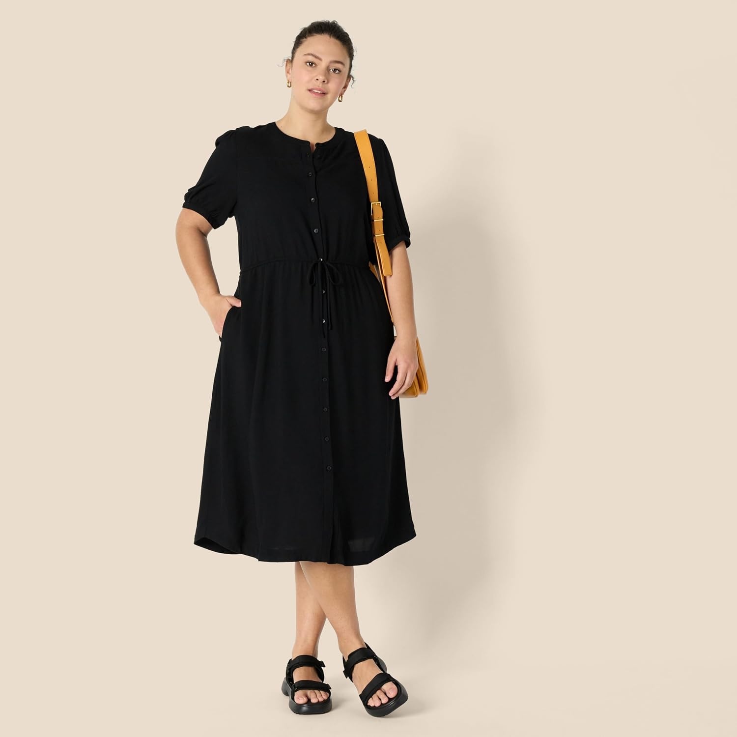 image:imageAmazon Essentials Womens Relaxed Fit HalfSleeve Breathable Button Front Drawstring Waist Midi ALine Dress with PocketsBlack