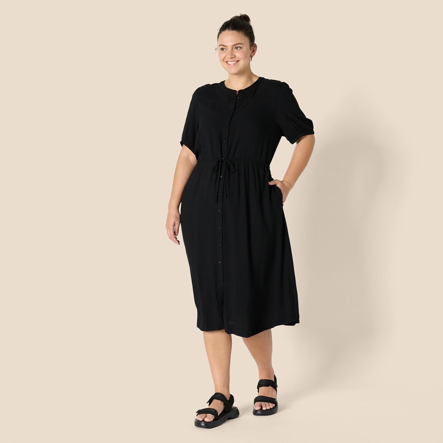 image:imageAmazon Essentials Womens Relaxed Fit HalfSleeve Breathable Button Front Drawstring Waist Midi ALine Dress with PocketsBlack