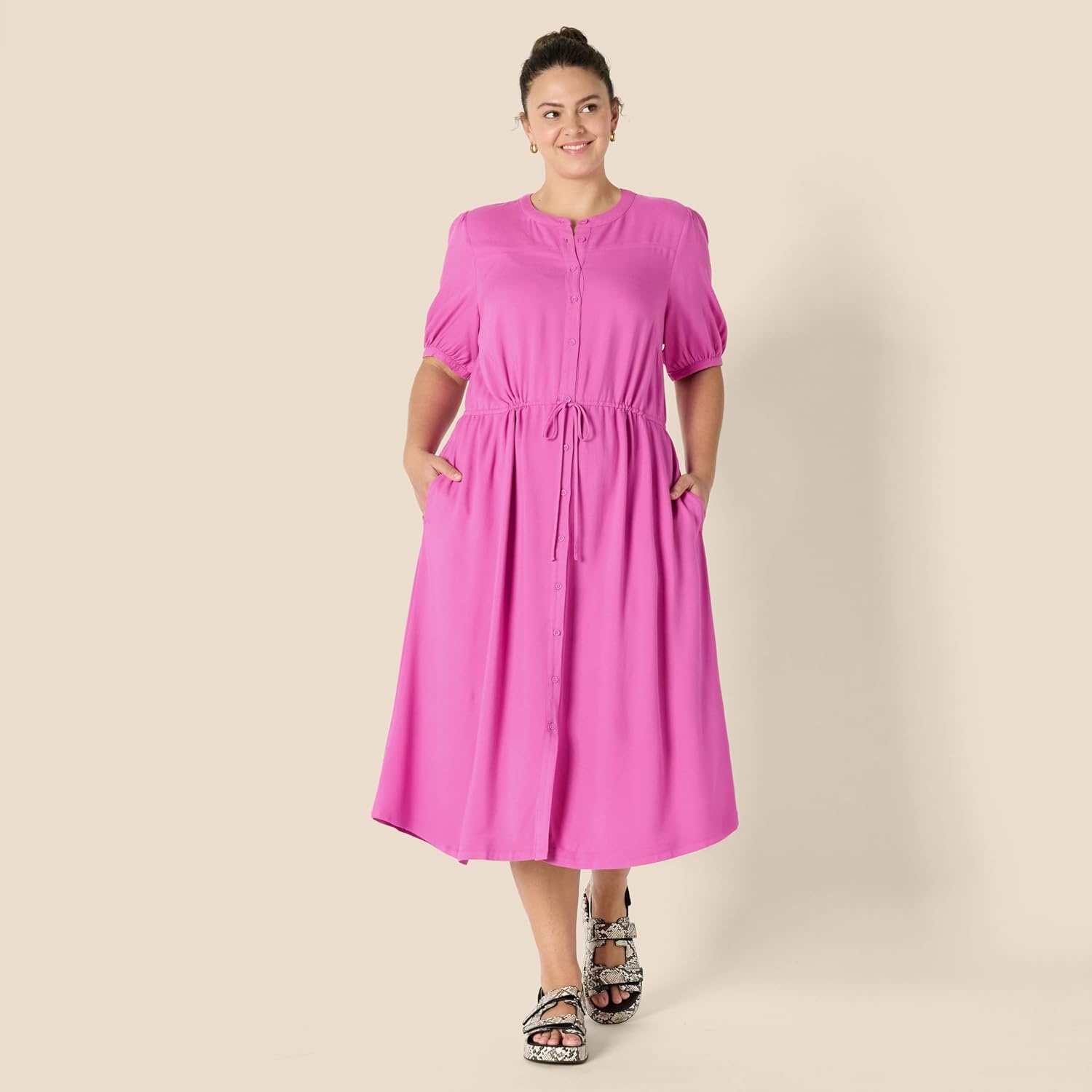 image:imageAmazon Essentials Womens Relaxed Fit HalfSleeve Breathable Button Front Drawstring Waist Midi ALine Dress with PocketsBright Pink