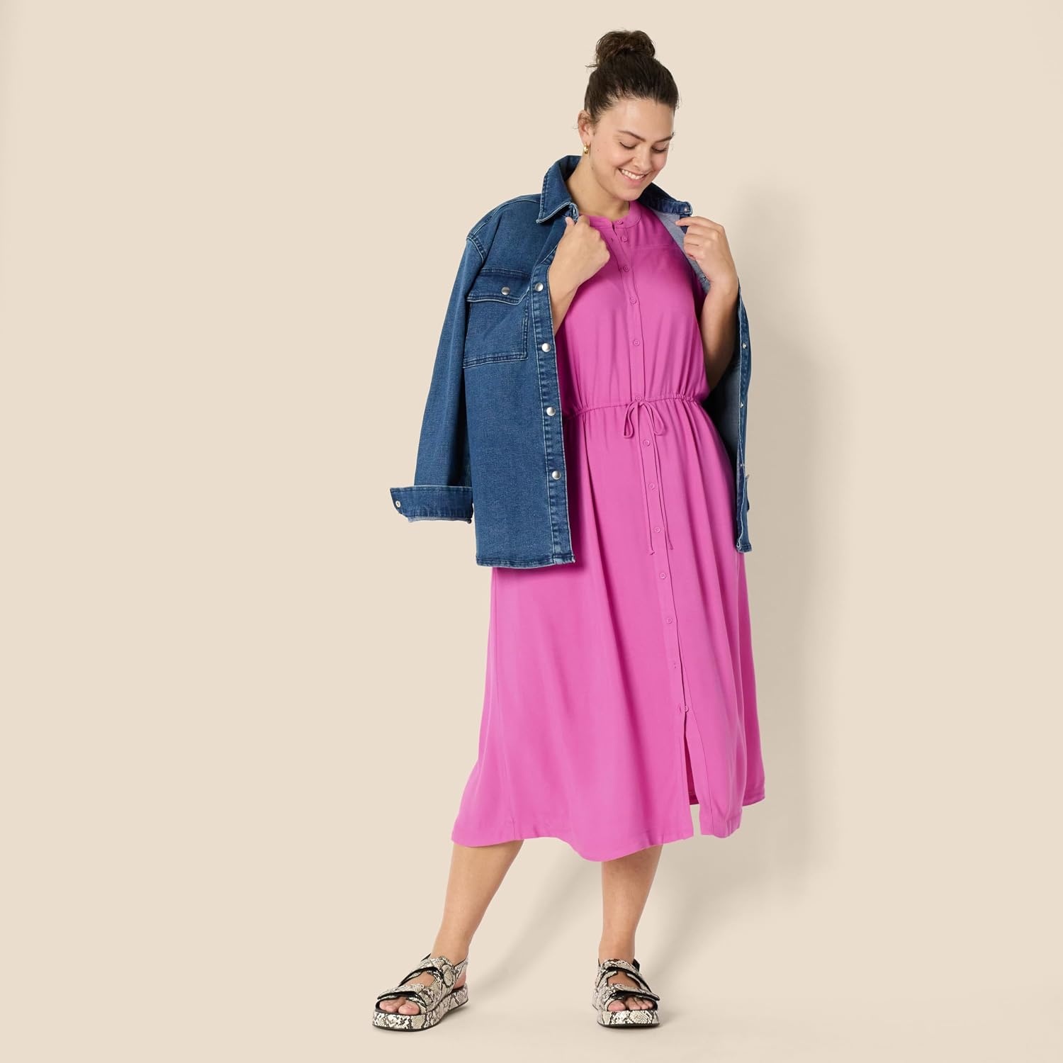 image:imageAmazon Essentials Womens Relaxed Fit HalfSleeve Breathable Button Front Drawstring Waist Midi ALine Dress with PocketsBright Pink