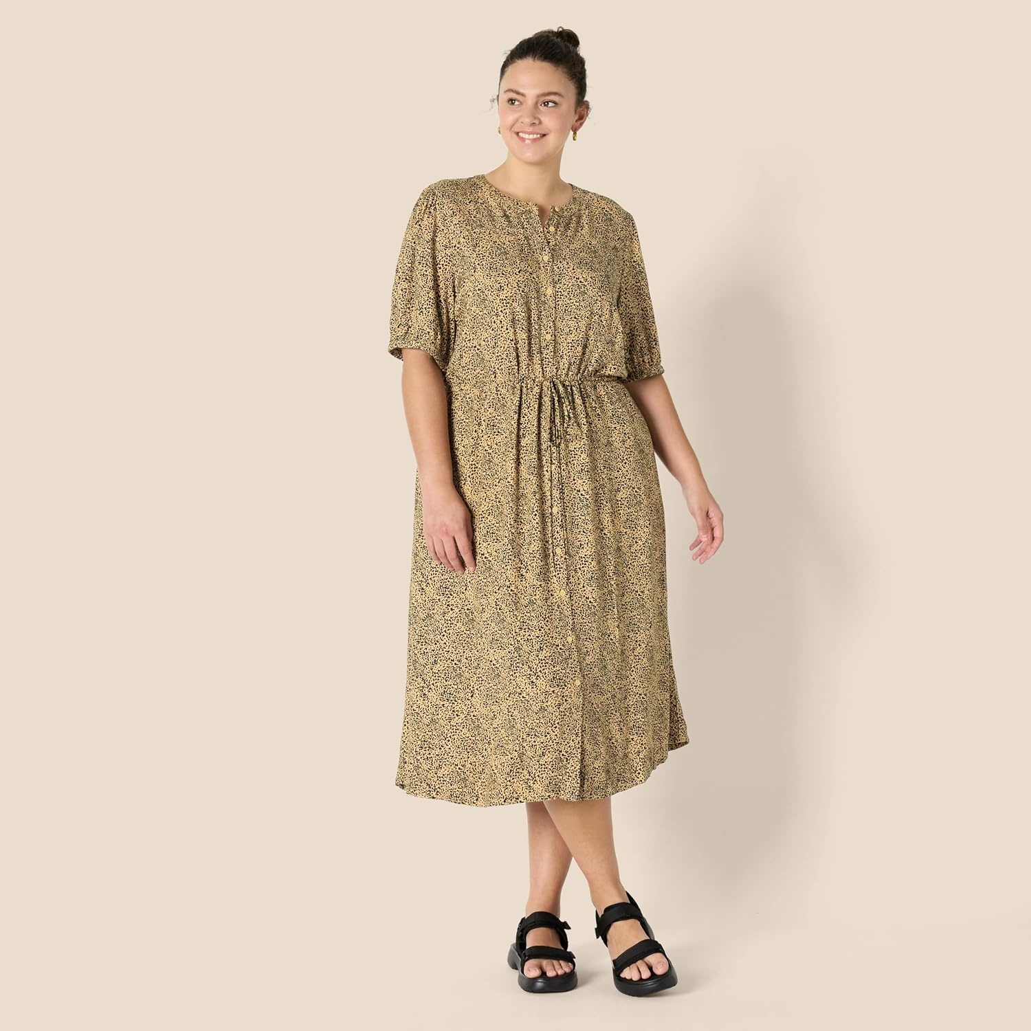 image:imageAmazon Essentials Womens Relaxed Fit HalfSleeve Breathable Button Front Drawstring Waist Midi ALine Dress with PocketsCamelBlack Mini Ikat Animal