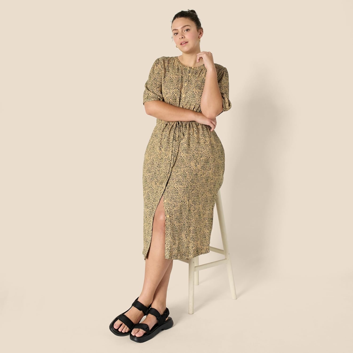 image:imageAmazon Essentials Womens Relaxed Fit HalfSleeve Breathable Button Front Drawstring Waist Midi ALine Dress with PocketsCamelBlack Mini Ikat Animal