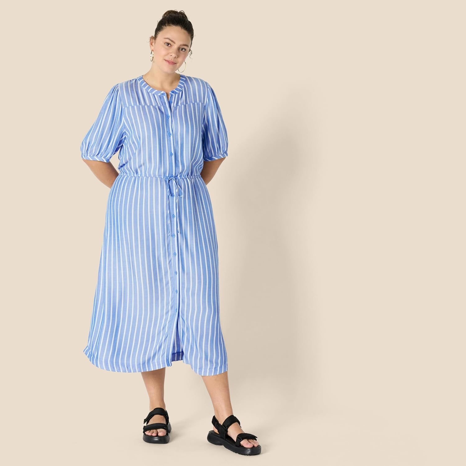 image:imageAmazon Essentials Womens Relaxed Fit HalfSleeve Breathable Button Front Drawstring Waist Midi ALine Dress with PocketsFrench BlueWhite Stripe