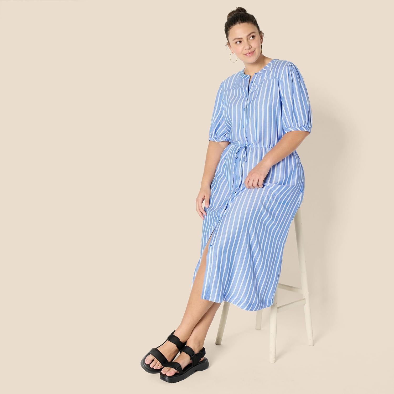 image:imageAmazon Essentials Womens Relaxed Fit HalfSleeve Breathable Button Front Drawstring Waist Midi ALine Dress with PocketsFrench BlueWhite Stripe