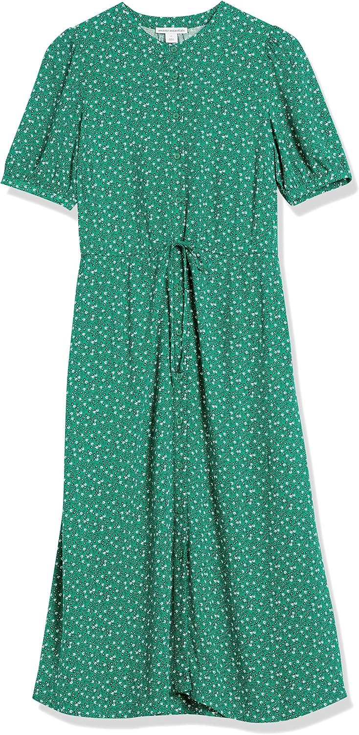 image:imageAmazon Essentials Womens Relaxed Fit HalfSleeve Breathable Button Front Drawstring Waist Midi ALine Dress with PocketsGreen Vine Leaf Print