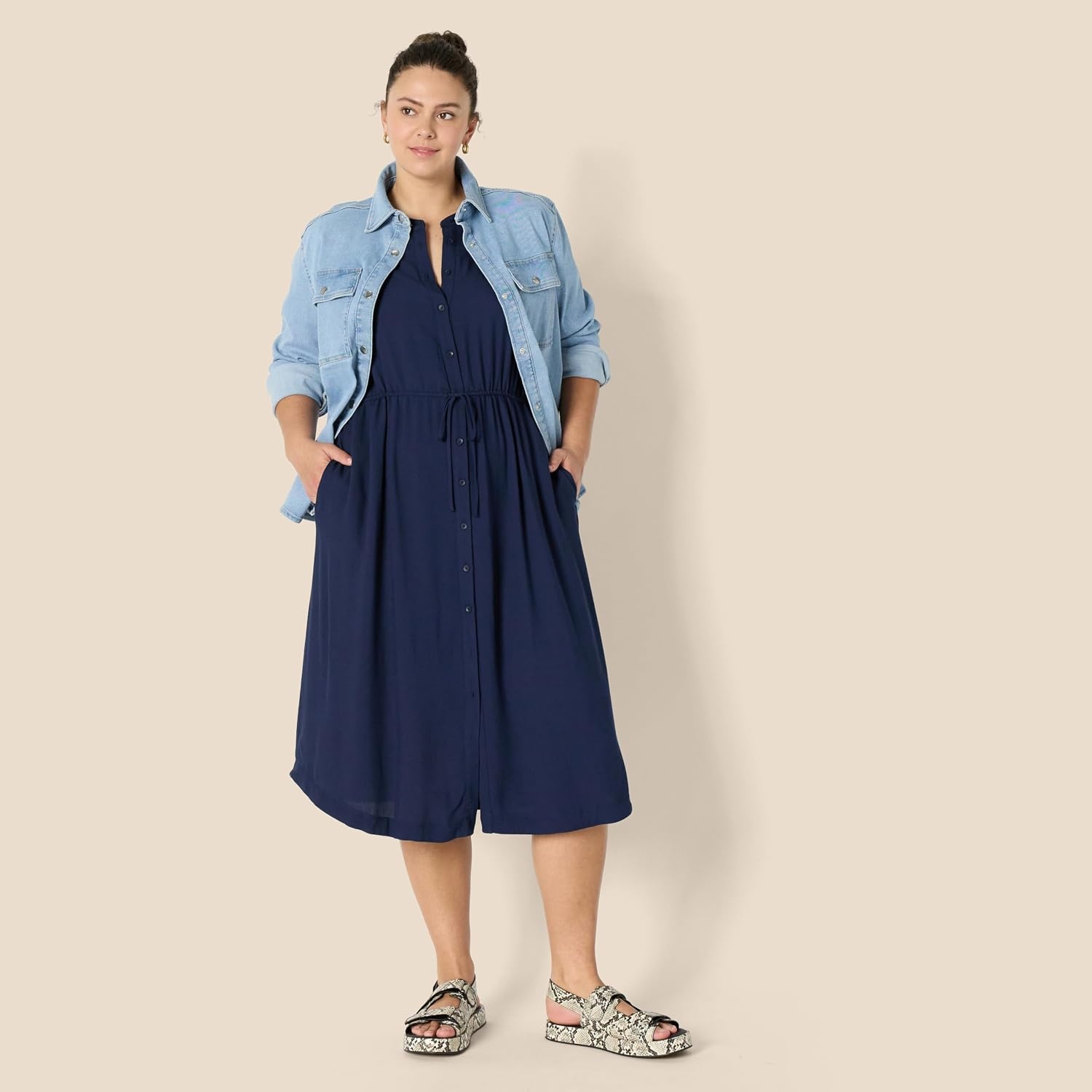 image:imageAmazon Essentials Womens Relaxed Fit HalfSleeve Breathable Button Front Drawstring Waist Midi ALine Dress with PocketsNavy