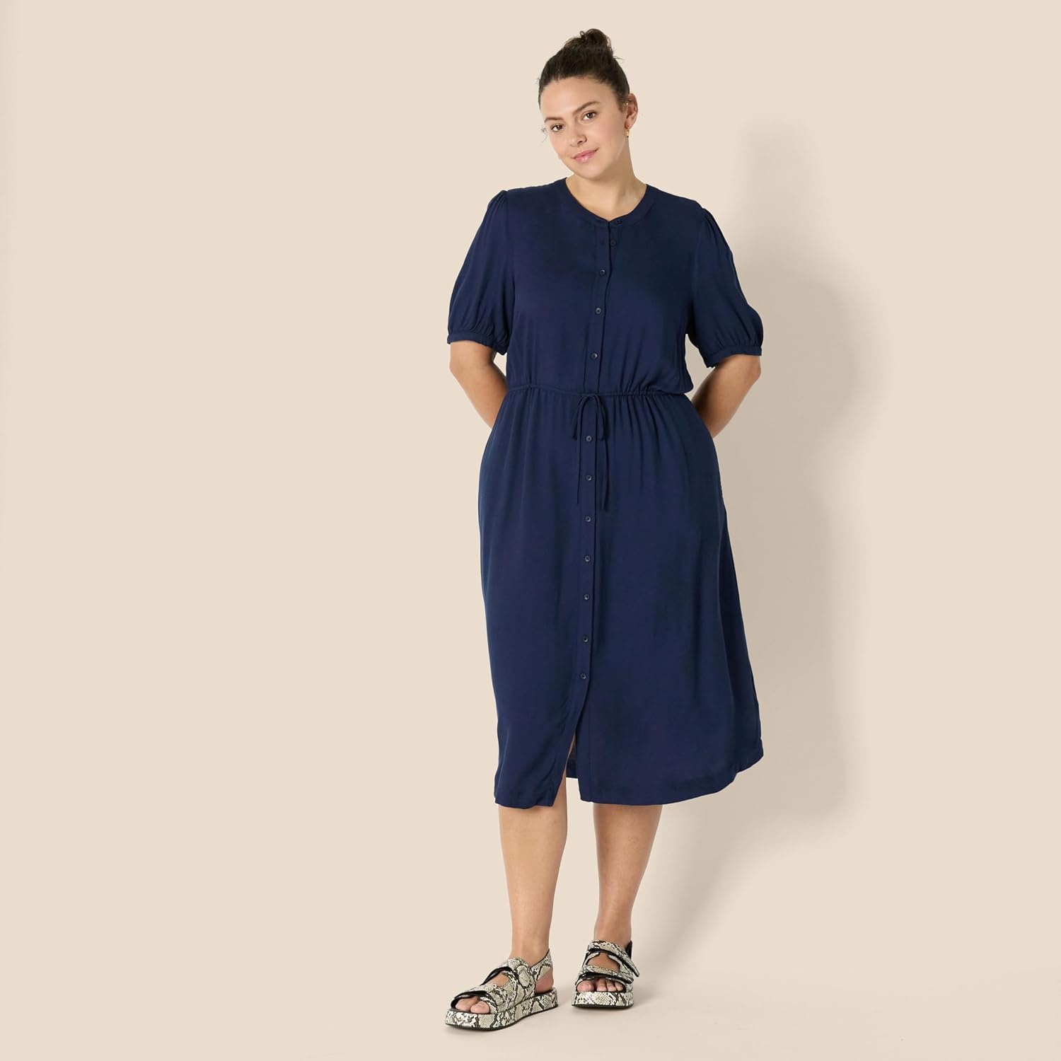 image:imageAmazon Essentials Womens Relaxed Fit HalfSleeve Breathable Button Front Drawstring Waist Midi ALine Dress with PocketsNavy