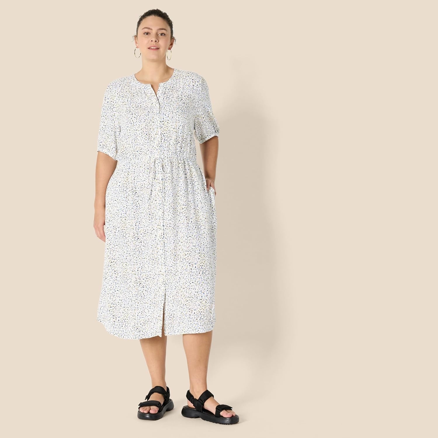 image:imageAmazon Essentials Womens Relaxed Fit HalfSleeve Breathable Button Front Drawstring Waist Midi ALine Dress with PocketsOff White Micro Confetti Print