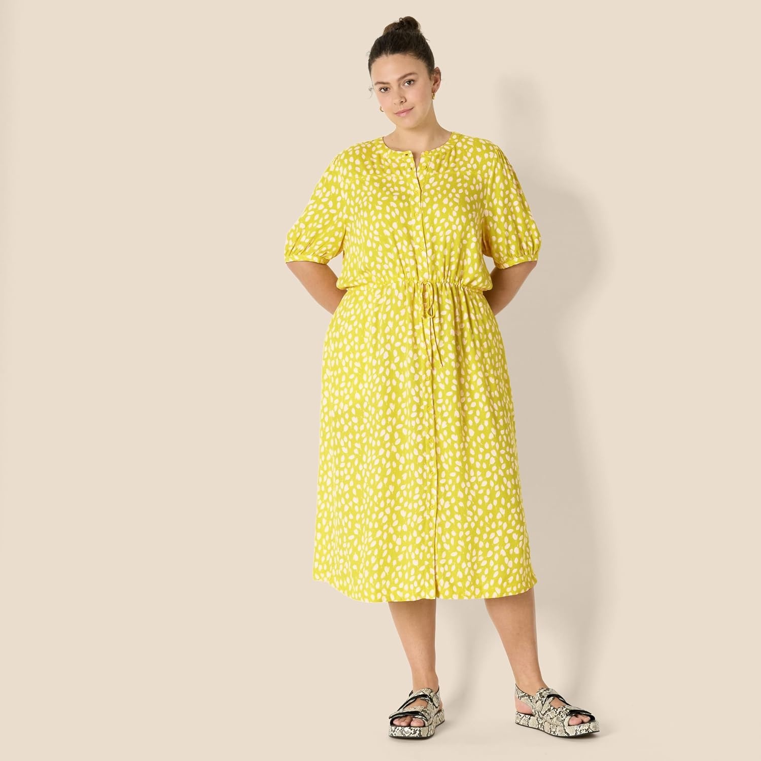 image:imageAmazon Essentials Womens Relaxed Fit HalfSleeve Breathable Button Front Drawstring Waist Midi ALine Dress with PocketsYellow Light Pink Petal