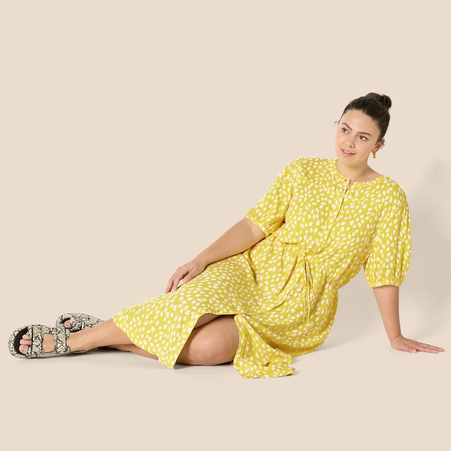 image:imageAmazon Essentials Womens Relaxed Fit HalfSleeve Breathable Button Front Drawstring Waist Midi ALine Dress with PocketsYellow Light Pink Petal