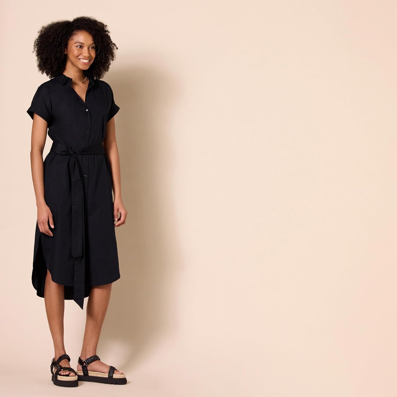 image:imageAmazon Essentials Womens Relaxed Fit Short Sleeve Button Front Belted Shirt DressBlack
