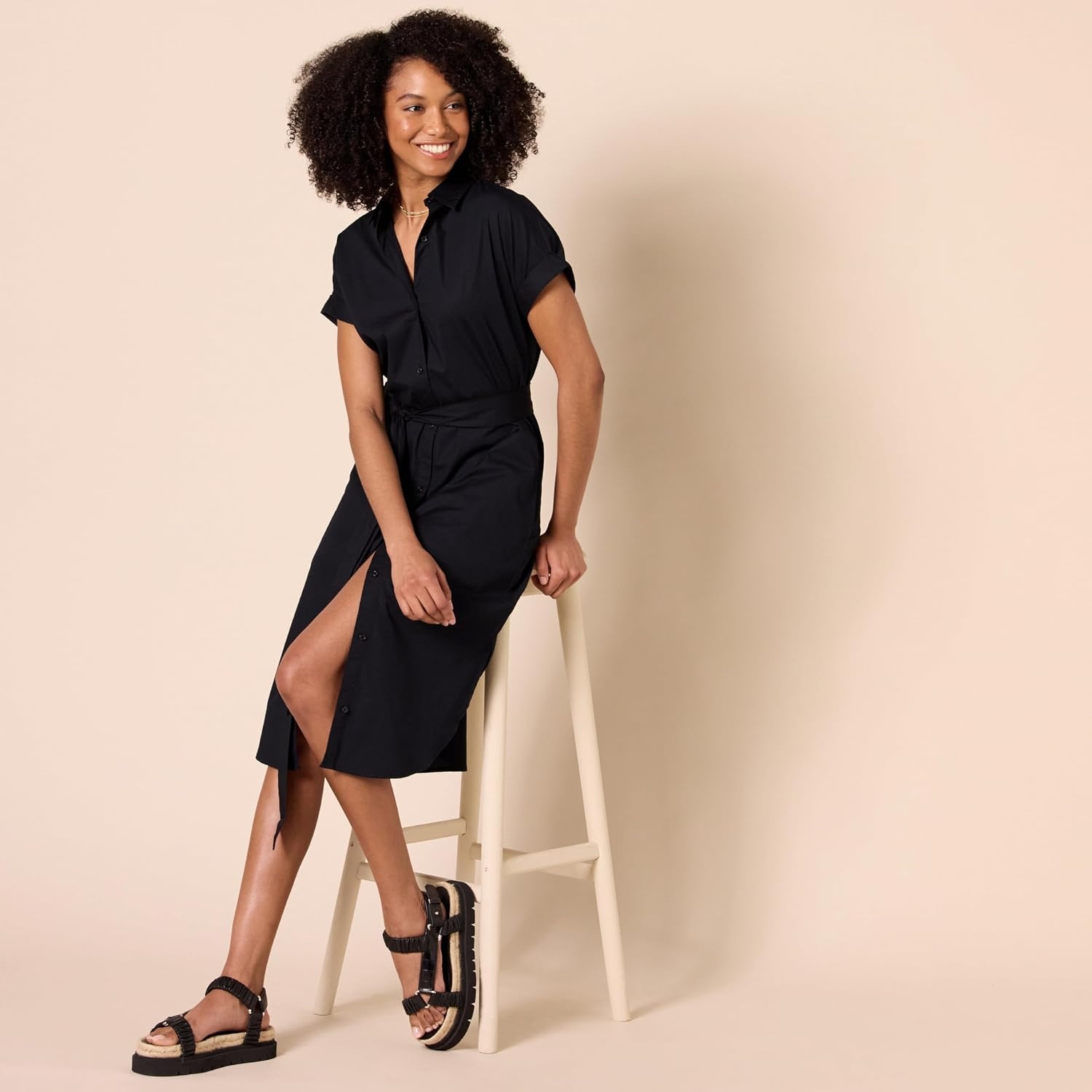image:imageAmazon Essentials Womens Relaxed Fit Short Sleeve Button Front Belted Shirt DressBlack