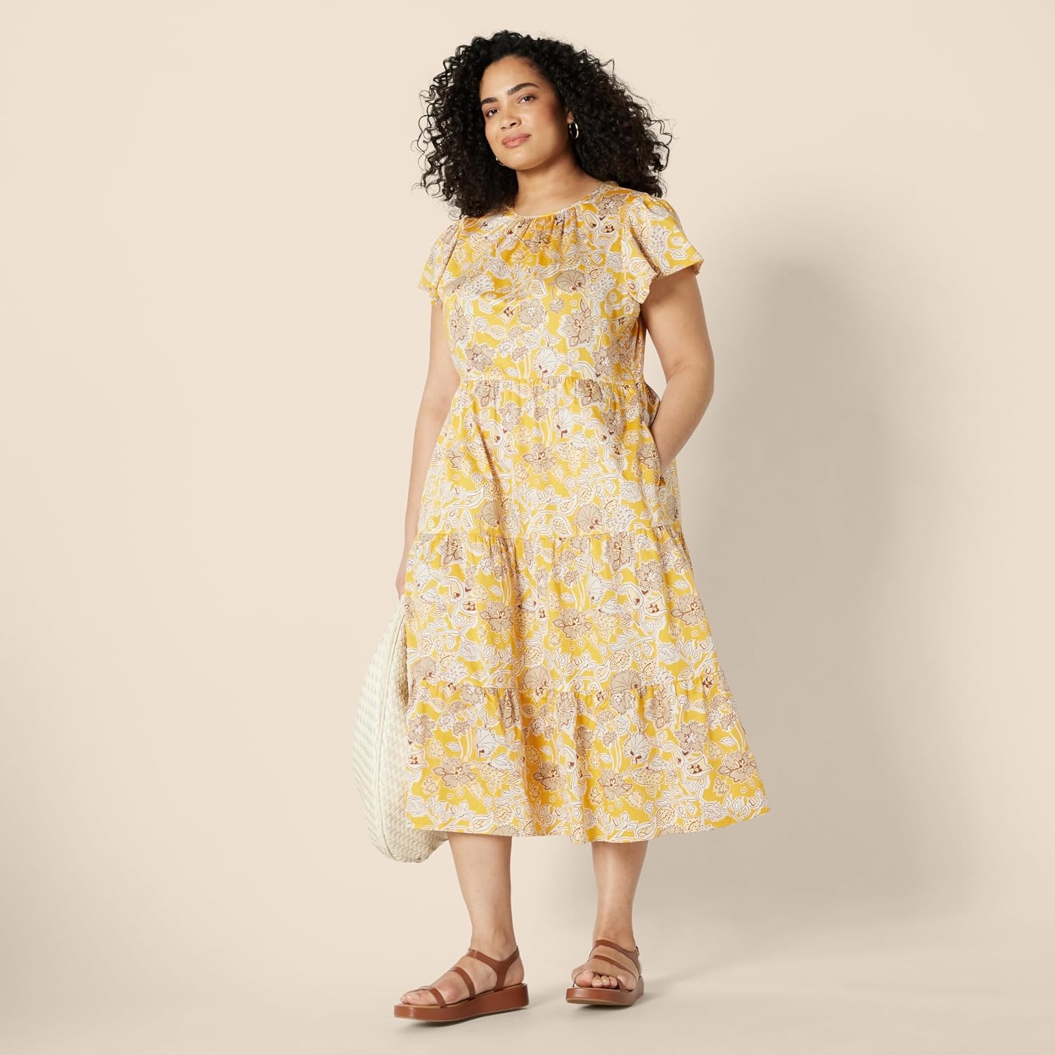 image:imageAmazon Essentials Womens RelaxedFit Cotton Sateen Crewneck Tiered Midi Dress with Flutter Sleeves Back Button Closure 475 Length