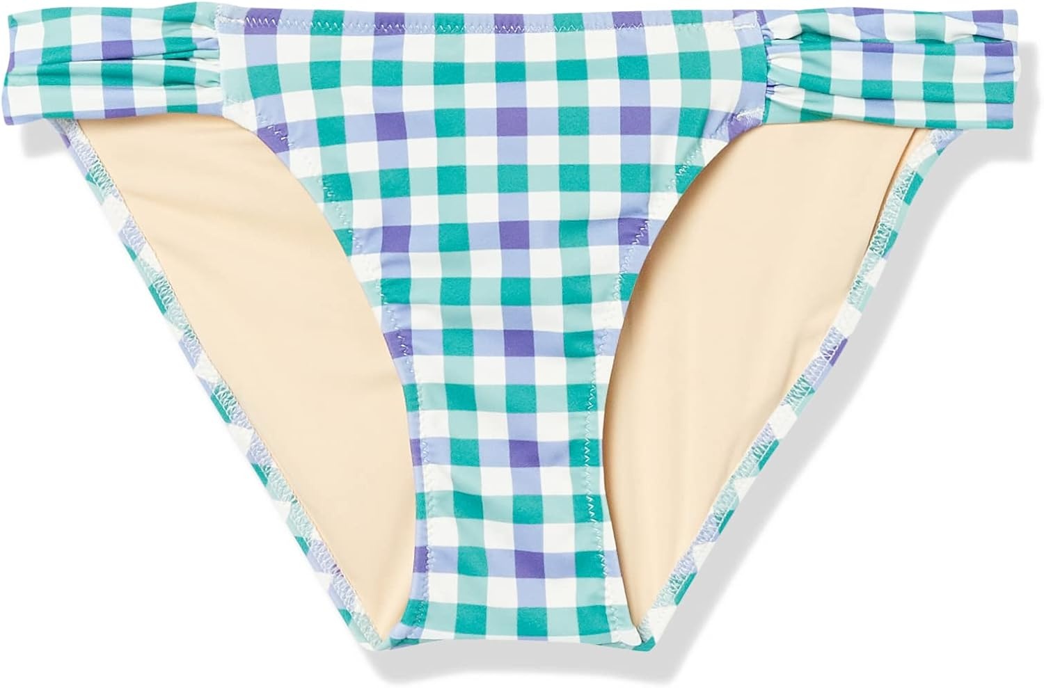 image:imageAmazon Essentials Womens Ruched Side Tab Full Coverage Bikini Swimsuit BottomBlue Green Gingham