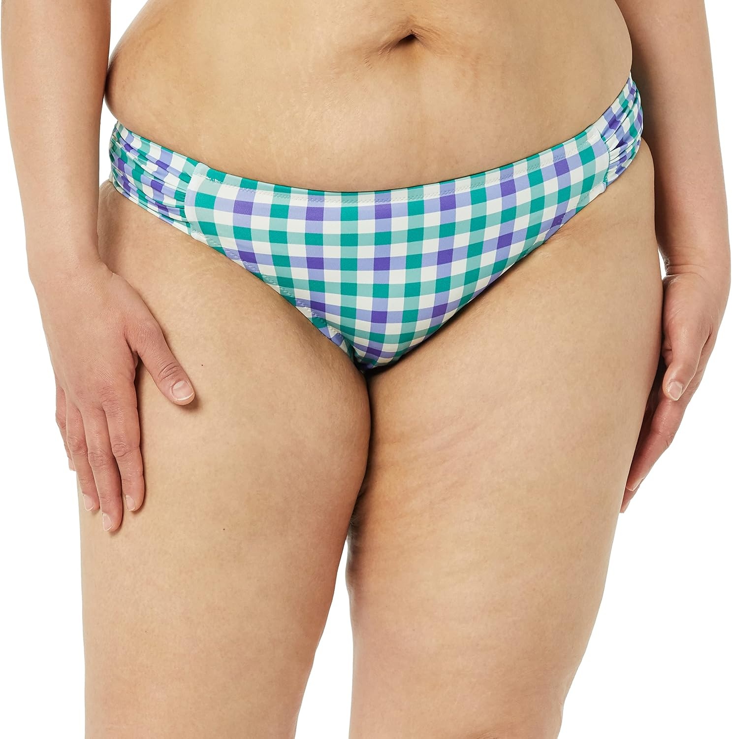 image:imageAmazon Essentials Womens Ruched Side Tab Full Coverage Bikini Swimsuit BottomBlue Green Gingham