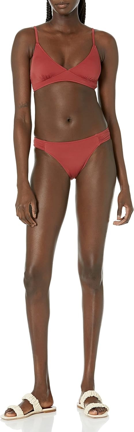 image:imageAmazon Essentials Womens Ruched Side Tab Full Coverage Bikini Swimsuit BottomBrick Red