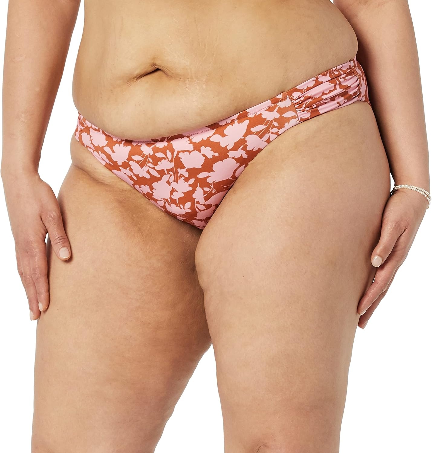image:imageAmazon Essentials Womens Ruched Side Tab Full Coverage Bikini Swimsuit BottomBrown Pink Floral