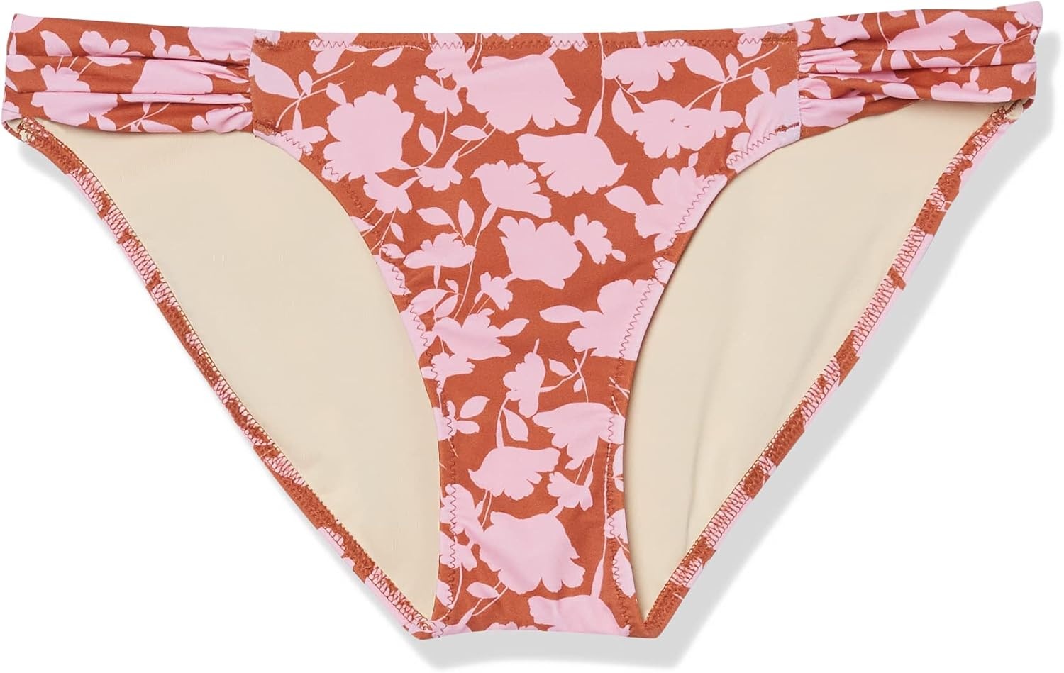 image:imageAmazon Essentials Womens Ruched Side Tab Full Coverage Bikini Swimsuit BottomBrown Pink Floral