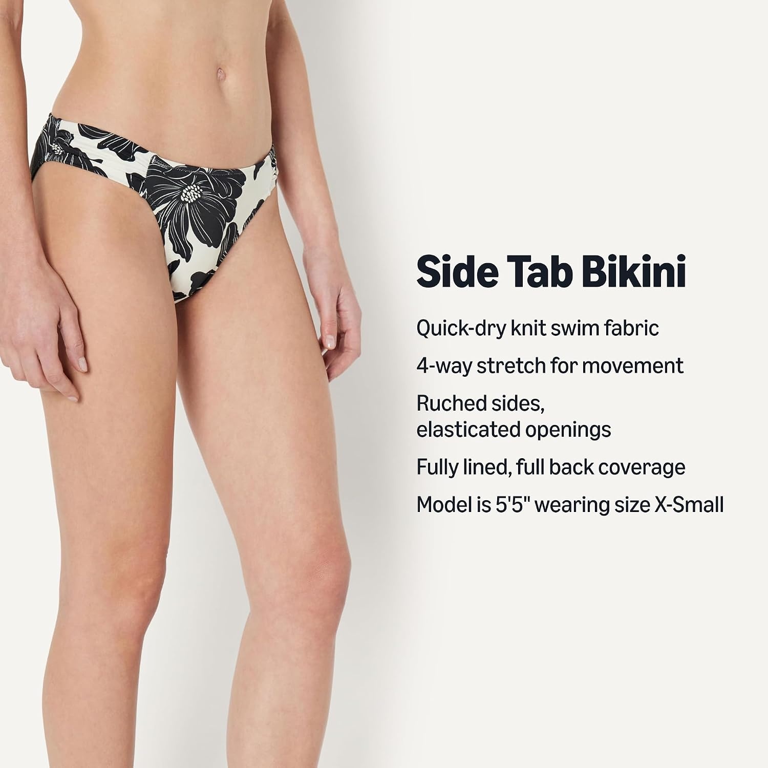 image:imageAmazon Essentials Womens Ruched Side Tab Full Coverage Bikini Swimsuit BottomCream Black Floral