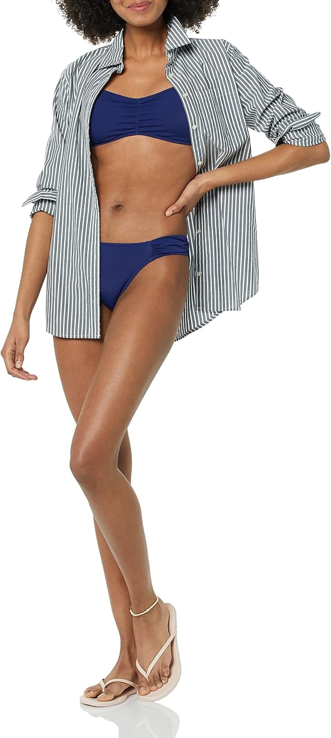 image:imageAmazon Essentials Womens Ruched Side Tab Full Coverage Bikini Swimsuit BottomDark Navy