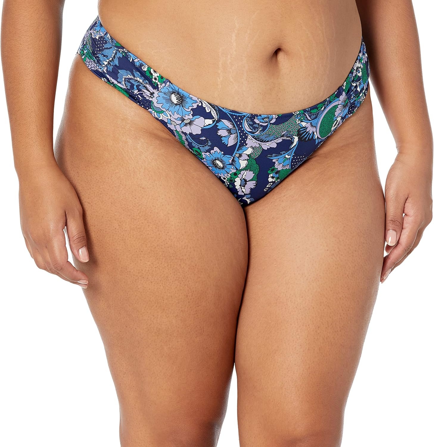 image:imageAmazon Essentials Womens Ruched Side Tab Full Coverage Bikini Swimsuit BottomDeep Blue Paisley