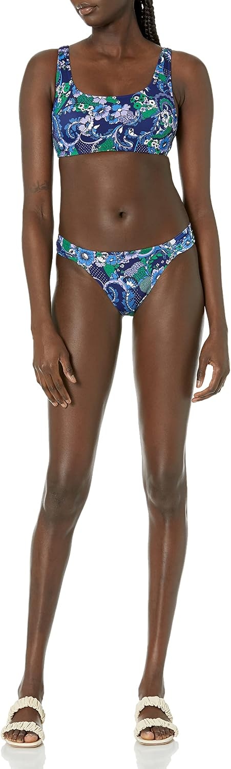 image:imageAmazon Essentials Womens Ruched Side Tab Full Coverage Bikini Swimsuit BottomDeep Blue Paisley