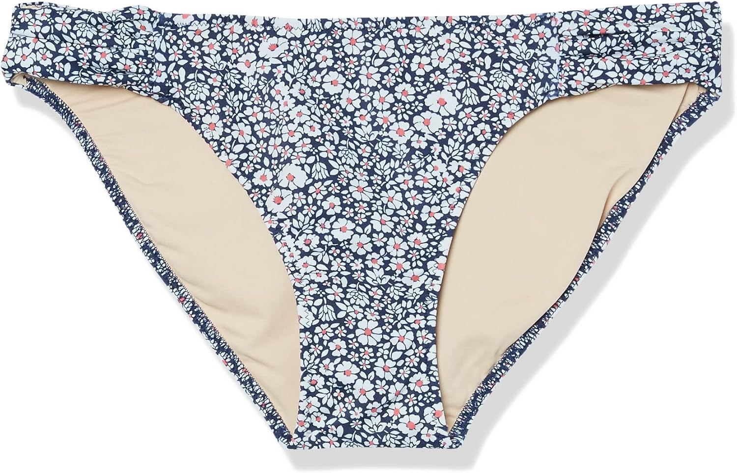 image:imageAmazon Essentials Womens Ruched Side Tab Full Coverage Bikini Swimsuit BottomNavy White Ditsy Floral