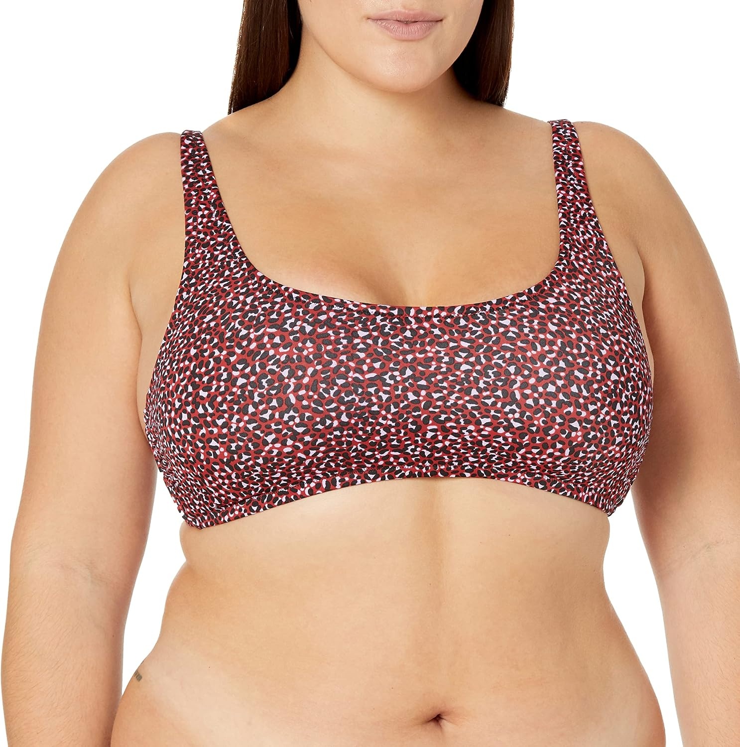 image:imageAmazon Essentials Womens Scoop Neck Swim Crop TopBrick Red Leopard