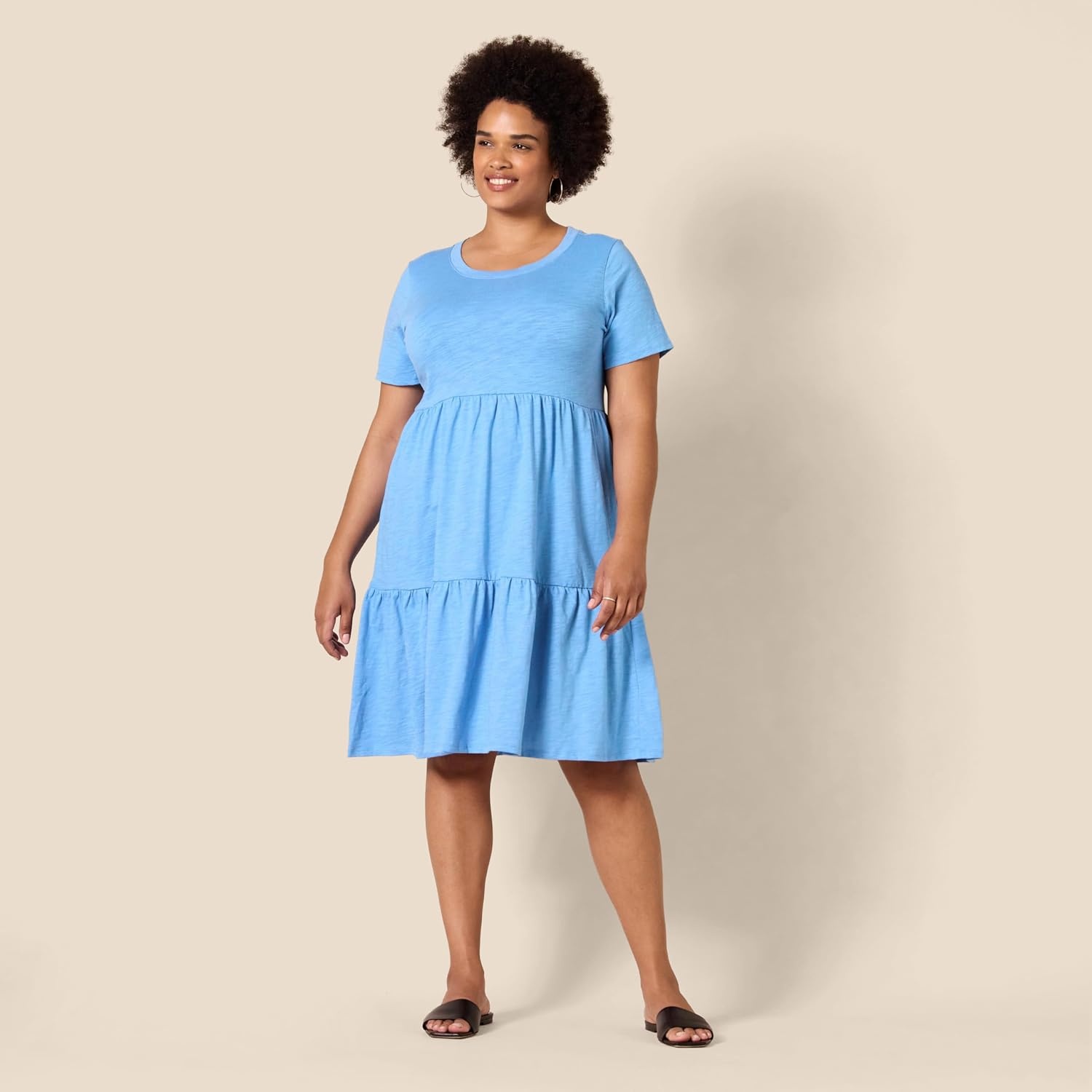 image:imageAmazon Essentials Womens ShortSleeve Crewneck Tiered Cotton DressBlue