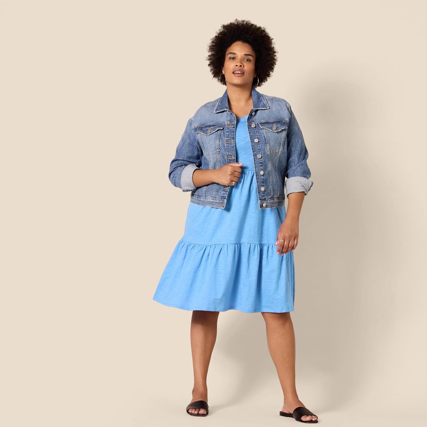 image:imageAmazon Essentials Womens ShortSleeve Crewneck Tiered Cotton DressBlue
