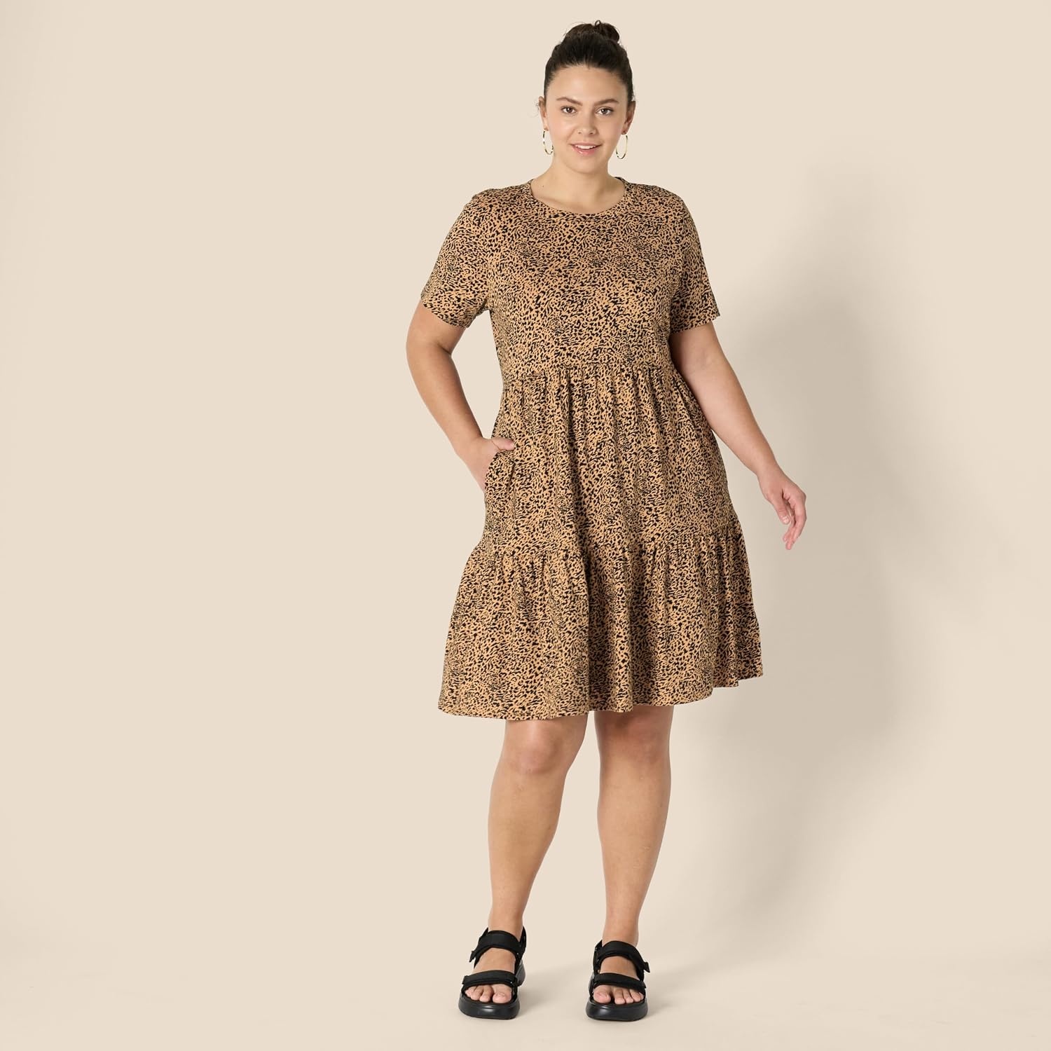 image:imageAmazon Essentials Womens ShortSleeve Crewneck Tiered Cotton DressDark Camel Leopard