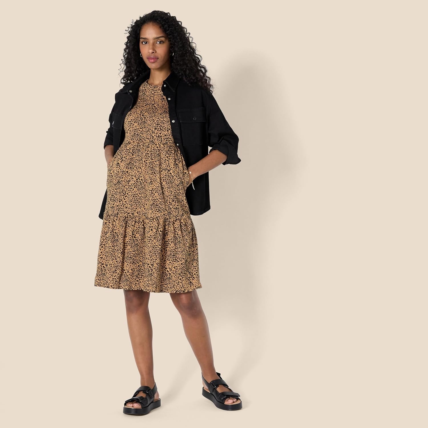 image:imageAmazon Essentials Womens ShortSleeve Crewneck Tiered Cotton DressDark Camel Leopard