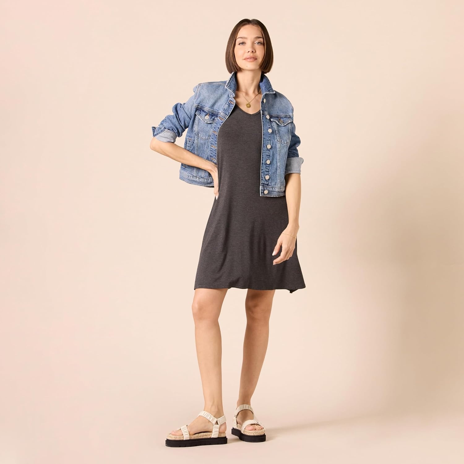 image:imageAmazon Essentials Womens ShortSleeve Scoopneck Swing DressCharcoal Heather