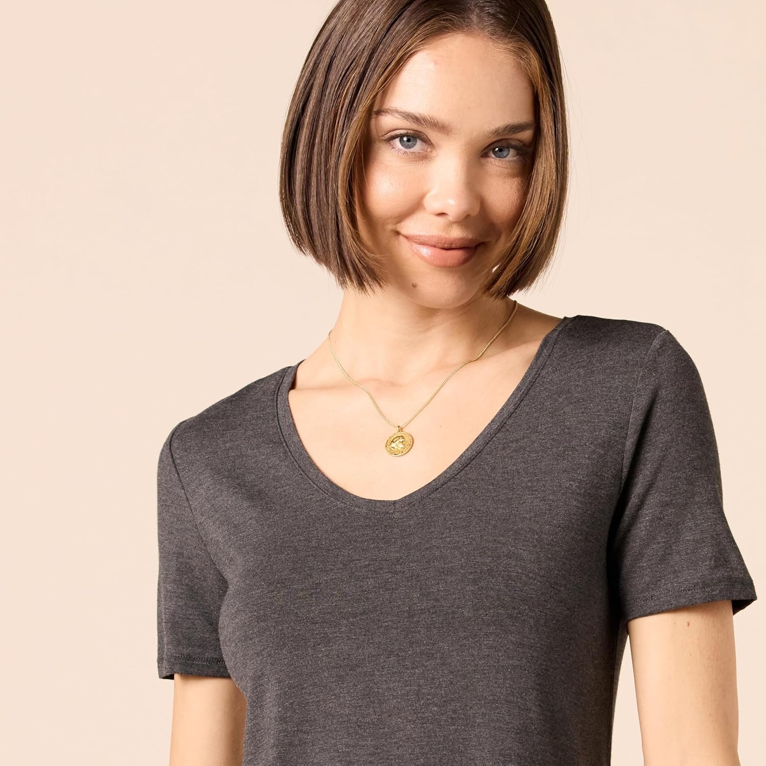 image:imageAmazon Essentials Womens ShortSleeve Scoopneck Swing DressCharcoal Heather