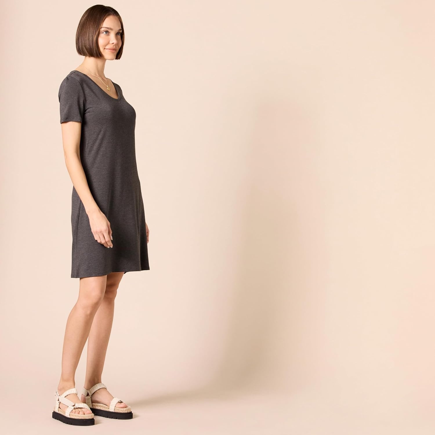 image:imageAmazon Essentials Womens ShortSleeve Scoopneck Swing DressCharcoal Heather