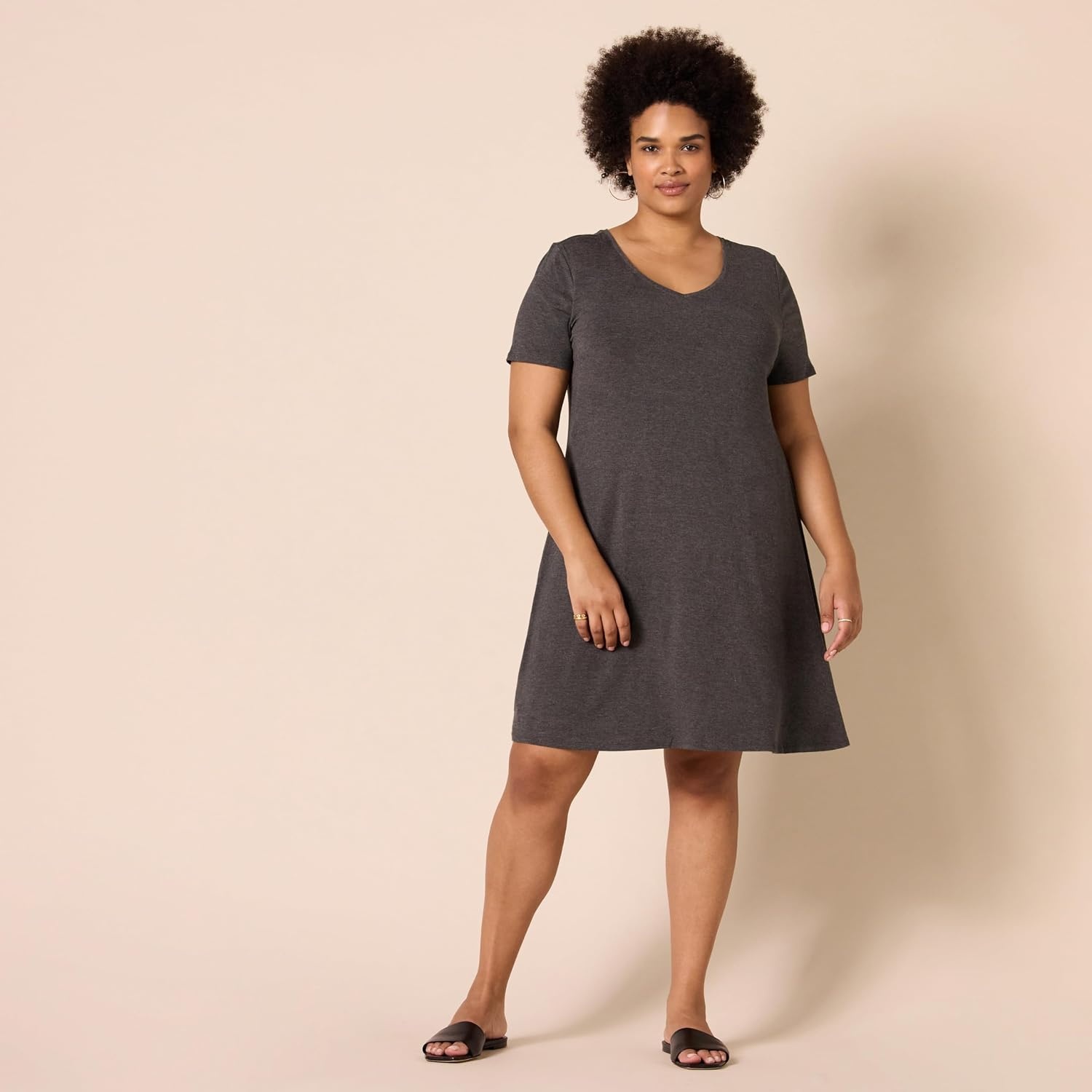 image:imageAmazon Essentials Womens ShortSleeve Scoopneck Swing DressCharcoal Heather