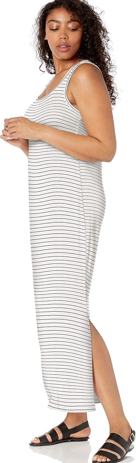 image:imageAmazon Essentials Womens Supersoft Terry Racerback Maxi Dress Previously Daily RitualWhiteBlack Stripe