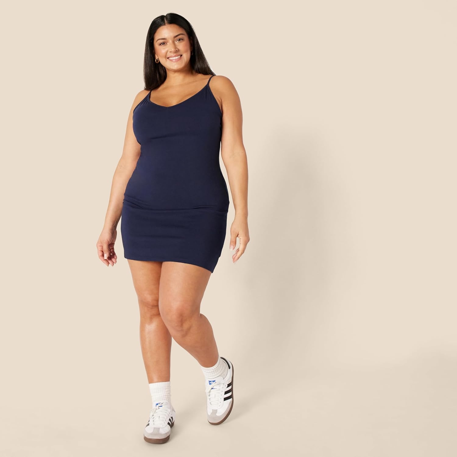 image:imageAmazon Essentials Womens V Neck Slim Fit Cotton Layering Slip Dress with Adjustable Elastic Cami StrapsBeigeNavy