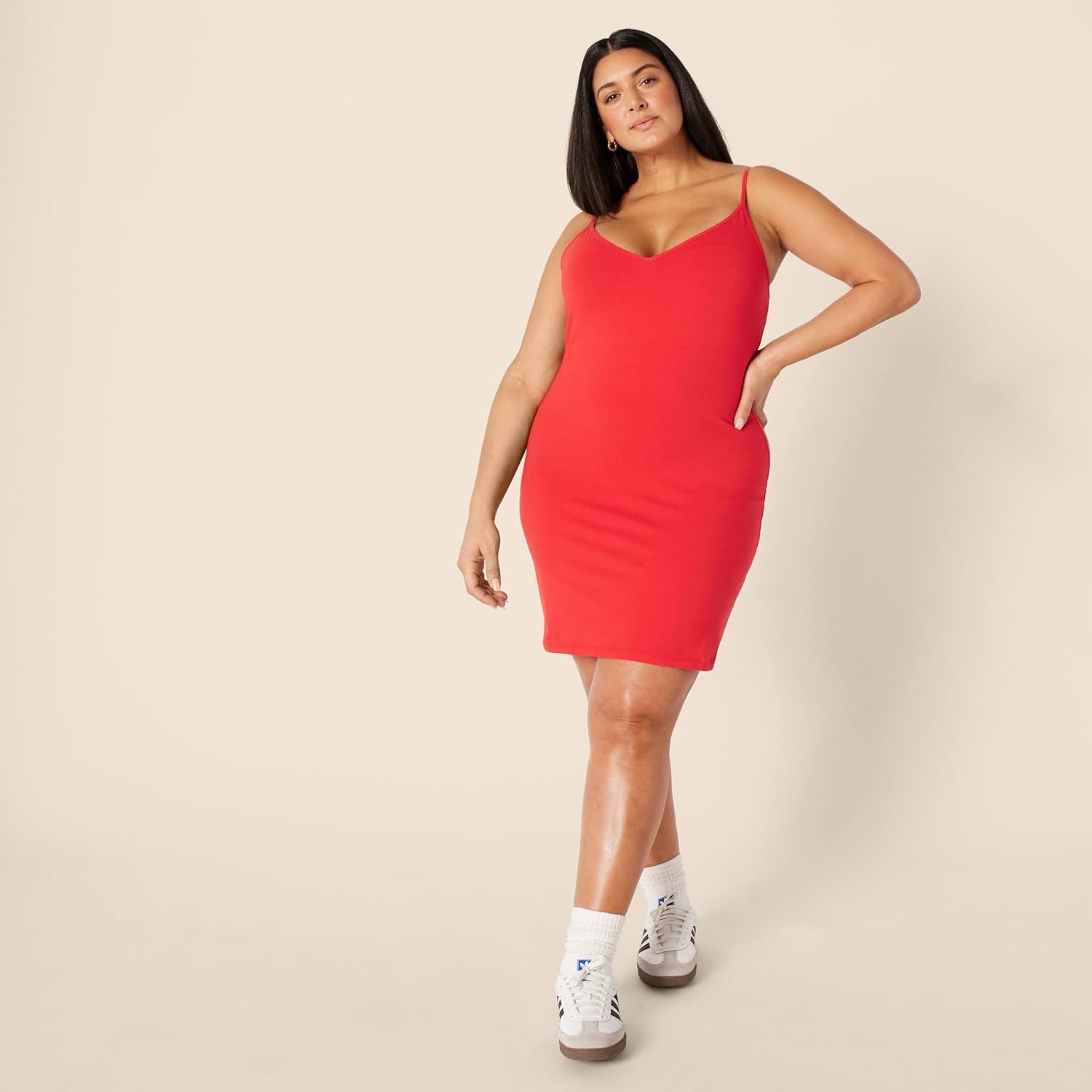 image:imageAmazon Essentials Womens V Neck Slim Fit Cotton Layering Slip Dress with Adjustable Elastic Cami StrapsBright Poppy RedTan