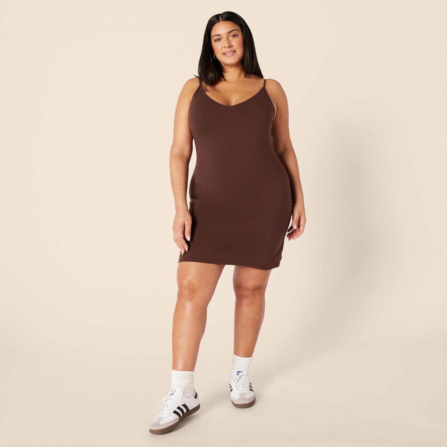 image:imageAmazon Essentials Womens V Neck Slim Fit Cotton Layering Slip Dress with Adjustable Elastic Cami StrapsBrownLight Camel