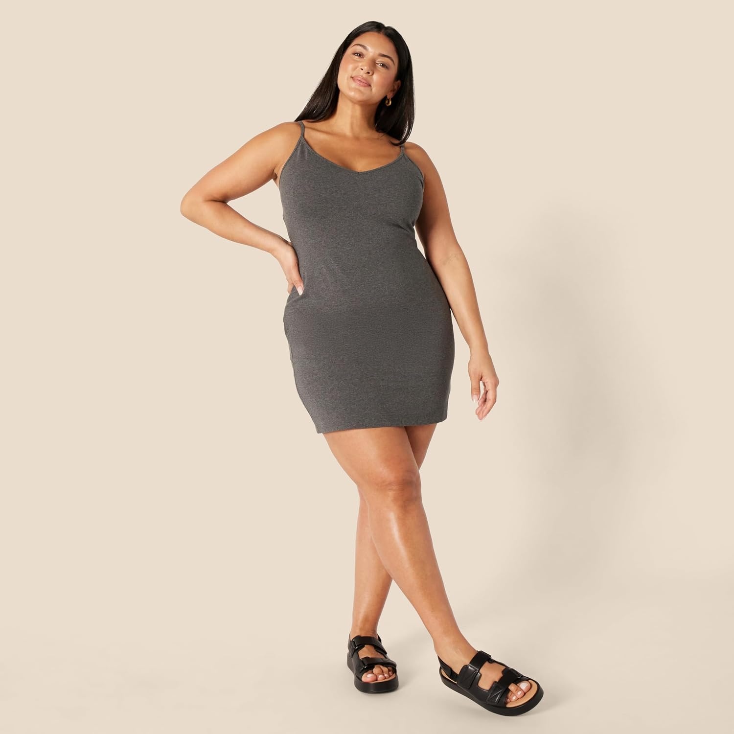 image:imageAmazon Essentials Womens V Neck Slim Fit Cotton Layering Slip Dress with Adjustable Elastic Cami StrapsCharcoal GreyLight Heather Grey